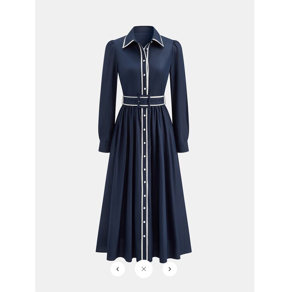 Commense Navy Blue Maxi Shirt Dress with White Trim